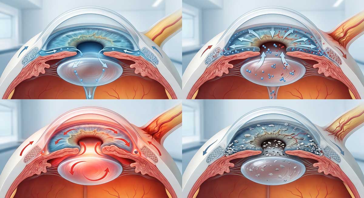 Illustration comparing different types of glaucoma and eye pressure changes